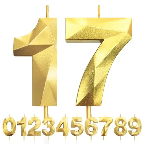 3D Gold Zahlenförmige Kerzen für Geburtstag Party, 17, 5cm, Tortendeko für Hochzeiten, Jubiläen, Birthday Candle Nummer 17