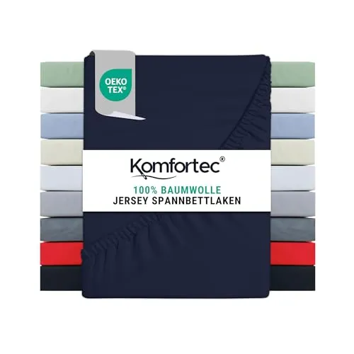 Komfortec Spannbettlaken 90x200 Baumwolle Jersey Bettlaken, Oeko-Tex Zertifiziert für Boxspring, Topper, Rundumgummi für Perfekte Passform, Weich & Atmungsaktiv, Pflegeleicht & Formstabil, Blau