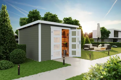 Gartenhaus Blockhaus Pultdach 28 mm Zambezi 6 grün - Gartenhaus, stilvolles Pultdach-Design mit 28 mm Wandstärke, abschließbar und ideal für Gartengeräte oder als Rückzugsort.