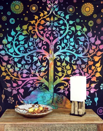 Boho Style Wandbehang, indische Tagesdecke Lebensbaum  - Tree of Life / Regenbo