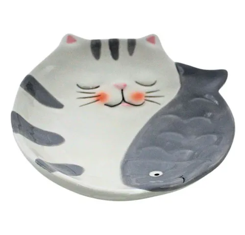 Dekohelden24 Dekoschale Keramik Schale - Teller - Platte, flach, als Katze mit Fisch, in weiß - grau, Maße ca. 15,5 x 14 x 3 cm.