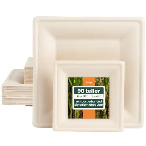 HAAGO 90 Kompostierbare Zuckerrohr Teller, 45 × 26cm & 45 × 15cm Eckig – Stabile, Fett- & Auslaufsichere Pappteller – Biologisch Abbaubare Einwegteller, Partyteller für Heiße & Kalte Speisen