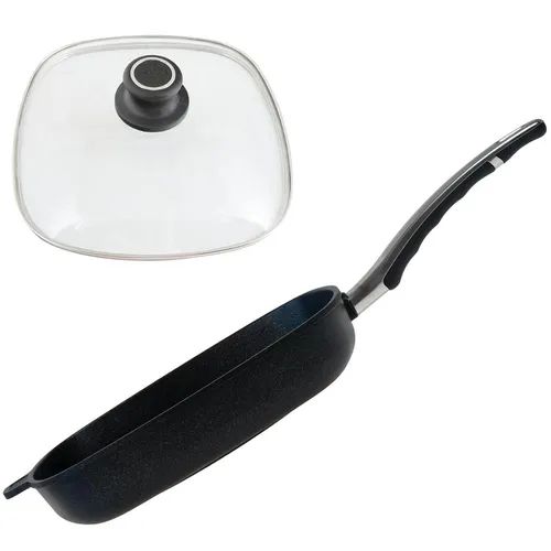 BAF Eck-Grillpfanne 28x28cm Induktion Aluguss Pfanne Antihaft beschichtet Deckel