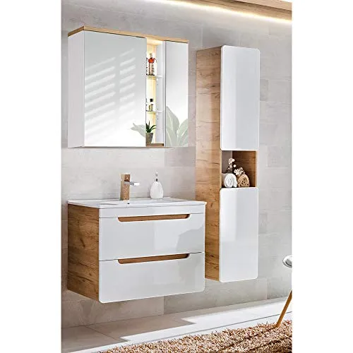 Lomadox Badmöbel-Set LUTON-56 - Elegantes Badmöbel-Set in Weiß mit Wotan Eiche, inklusive Softclose-Funktion und LED-Beleuchtung für modernes Badezimmer-Design.