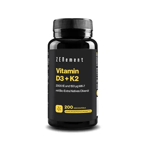 Vitamin D3 + K2, 2000 IU & 150 µg MK-7, 200 Weichkapseln | mit Bio-Extra Natives Olivenöl | Knochen, Muskeln und Immunsystem | 100% natürliche Zutaten | Zenement