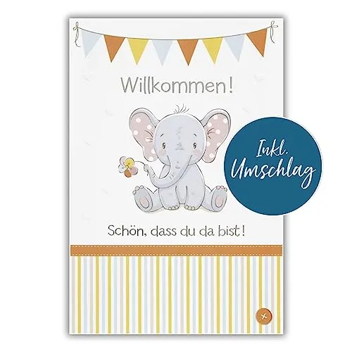 bsb Karte zur Geburt - Geburtskarte Mädchen & Junge - schöne Karte Geburtstag mit Elefant-Motiv - Happy Birthday Karte mit Umschlag - Glückwunsch-Karte Geburt in 11,5 x 17,0 cm