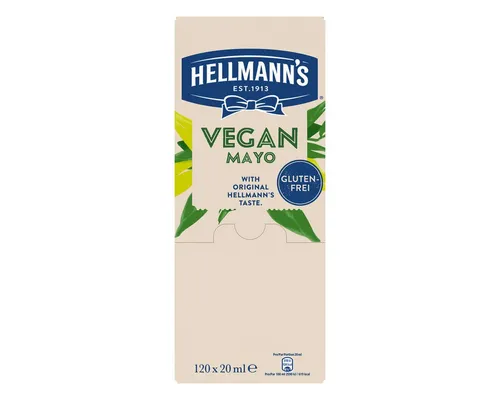 HELLMAN'S Vegan Mayo 120 Portionen x 20ml - Würzsaucen - 100% pflanzlich, cremig lecker und glutenfrei, ideal für Pommes, Burger und Salate, mit hochwertigem Rapsöl für Omega-3-Fettsäuren.
