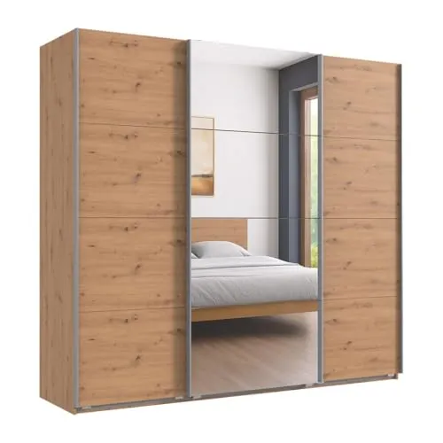 Geräumiger Schwebetürenschrank Kleiderschrank 3-türig B225/H208/T64 cm in Eichendekor, mittlere Tür mit Spiegel, inkl. einer Kleiderstange, 4 Einlegeböden und 2 Stoffboxen / 22520
