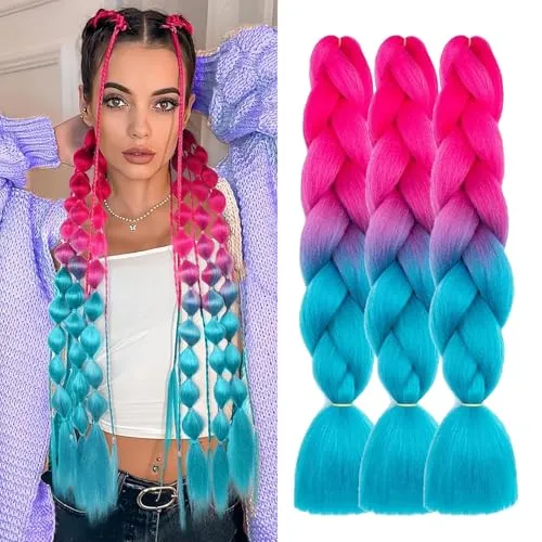 FANWYFYU Ombre Braiding Hair, 3 Pack Kanekalon Hair Braids Extension, Jumbo Braid Hair Extensions 24 Inches Braids Box Braid Hair Synthetic Hair for Braiding (Pfirsichrot-Marineblau)