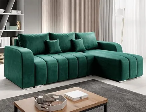 MODERNO Pufetto Ecksofa mit Schlaffunktion Bettzeugbehälter, Eckcouch Schlafsofa Wohnzimmer Schlafzimmer, Möbel Sofas & Couches, Sofa Schlafcouch Couch Velours Flaschengrün 86x245x147cm
