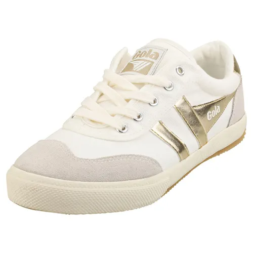 Gola Badminton Sneaker Women off white/gold (WY) 3 - Freizeitschuhe & Sneaker für Damen mit hochwertigem weißen Canvas-Obermaterial, atmungsaktiv und komfortabel. Ideal für sportliche Freizeitaktivitäten und stilvolle Alltagslooks.
