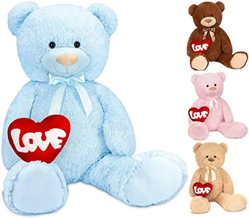 BRUBAKER XXL Teddybär 100 cm Hellblau mit Love Herz Kissen - Stofftier & Teddybär: Flauschiger XXL Teddybär mit separatem Love Herz Kissen - Ideal zum Kuscheln und Verschenken für besondere Anlässe!