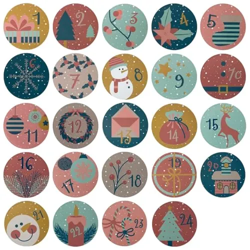 Oblique Unique® Adventskalender Sticker Zahlen 1–24 – Weihnachtsaufkleber rund 5 cm – Aufkleber für Weihnachten zum Basteln, Verzieren & Dekorieren – für DIY Adventskalender - Retro Bunt