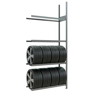 Anbauregal für Reifen und Räder, 2750 x 1200 x 400 mm - Werkstatteinrichtung mit verzinktem Stahl, beidseitig bestückbar und bis 150 kg pro Ebene belastbar – ideal für die sichere und reifenschonende Lagerung von Rädern.