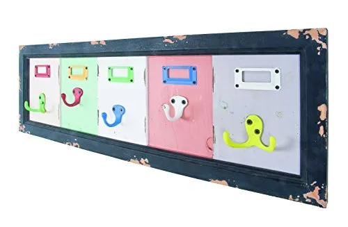 HAKU Möbel Wandgarderobe bunt - Vintage Massivholz mit Metallhaken - Wandgarderobe im Industrial Style, aus Massivholz in Vintageoptik mit 5 robusten Metallhaken für praktischen Stauraum.