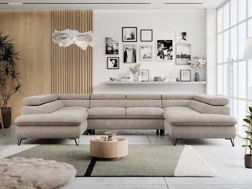MKS MEBLE U-Form Sofa Peter - Beige Struktur mit Schlaffunktion - Das elegante U-Form Sofa bietet nicht nur eine Schlaffunktion, sondern auch zwei praktische Bettkästen für zusätzlichen Stauraum. Verstellbare Kopfstützen sorgen für individuellen Komfort beim Sitzen und Entspannen. Ideal für jedes Wohnzimmer.