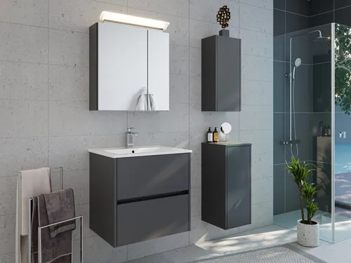 Magnolia Home Badmöbelset Taifun 60cm 4tlg - Elegantes Badmöbelset mit Spiegelschrank und zwei Badschränken. Hochwertige Keramik-Waschbecken, pflegeleicht und mit Soft-Close-Technik für leises Schließen. Viel Stauraum für alle Badutensilien.