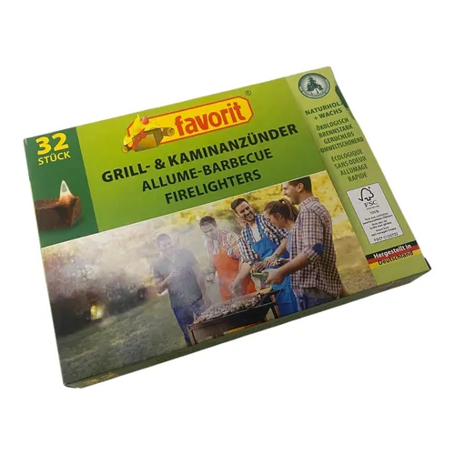favorit Grill und Kaminanzünder 32 Stück Naturholz + Wachs, Ökologisch, Brennstark, Geruchlos, Umweltschonend