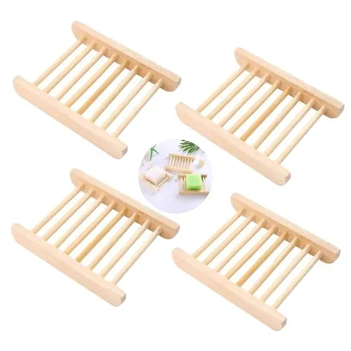 DXIA 4Stück Seifenschale Natürlicher, Seifenschale Holz, Rechteckige Seife Halter, Verhindert Seifenreste auf Ihrer Waschbeckenablage Seifen Box Seifenhalterung für Badezimmer Dusche Küche Waschbecken