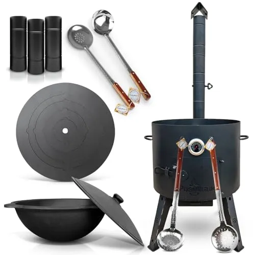 Utschak Uchag Feuerofen Ø 49 cm 2 mm Stahl Herdplatte 4mm Kazan 22 L runder Boden mit Thermometer Verlängerungsrohr, Schaumlöffel 48 cm, Schöpfkelle 48 cm, Schaumlöffel tief, 64 cm (Set R22-2)