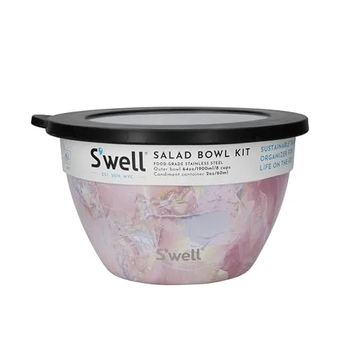 S'well Salatschüssel-Set, Geode Rose, 1,9 l, Salat-Lunchbox mit Gewürzbehälter und herausnehmbarem Tablett, auslaufsicher und spülmaschinenfest, Schwarzer Onyx