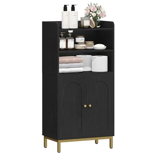 Hzuaneri Badezimmerschrank, Verstell. Regalen, 30 x 50 x 100 cm | Badschrank, Küchenschrank mit 2 offenen Fächern, 2 Türen, Freistehender Badezimmer, Schwarz-Gold BC58204G