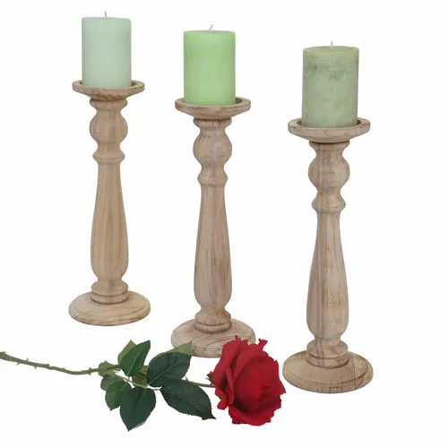 3er Set Kerzenständer T360 - Shabby-Look Vintage, Höhe 35cm - Kerzenständer im skandinavischen Retro-Design aus Paulowniaholz. Ideal für Kerzen bis 8cm Durchmesser, bringt rustikalen Charme in Ihr Zuhause.
