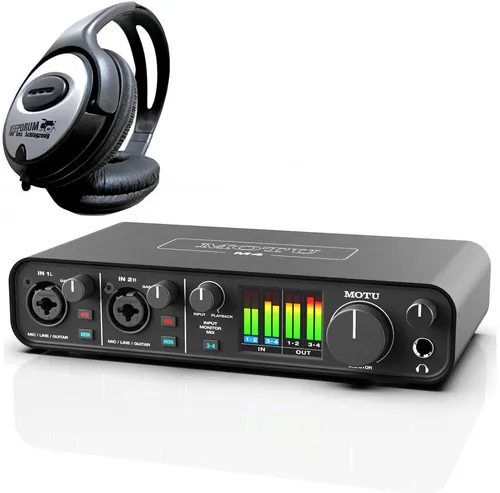 MOTU M4 Audio Interface mit Kopfhörer - Audio-Interface mit ESS Sabre32 Ultra DAC-Technologie für erstklassige Audioqualität, extrem geringe Latenz von 2,5ms und latenzfreies Monitoring. Inklusive keepdrum Stereo-Kopfhörer für perfekte Aufnahmen und Mixe.