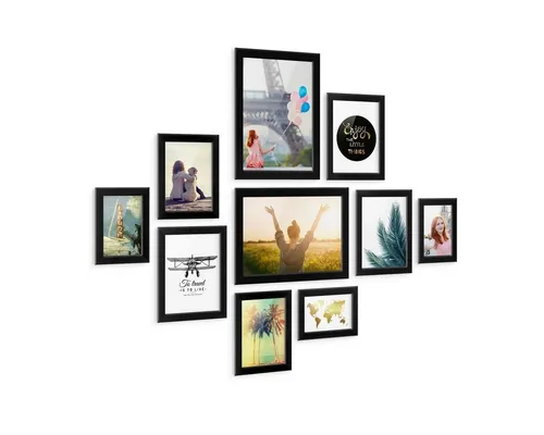 PHOTOLINI Bilderrahmen 10er Set - Einzelrahmen im modernen Stil, vielseitig für Formate von 10x15 bis 21x30 cm, inklusive extra Zubehör für eine stilvolle Wanddekoration in Schwarz.