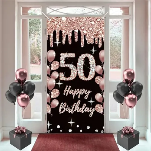 50. Geburtstag Dekorationen für Frauen, Happy 50. Geburtstag Stoff-Schild Poster, Rosegold Hintergrund, 180 cm x 90 cm