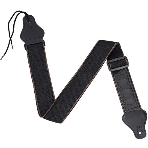 MengH-SHOP Gitarrengurt Verstellbarer Baumwolle Gitarren-Gurt PU Lederenden Gitarrenband mit 3 Plektrumhaltern für E-Gitarre, Westerngitarre, Akustikgitarre & Bass (Schwarz)
