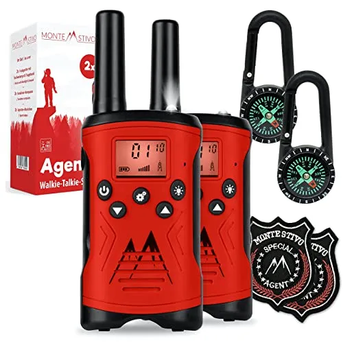 Monte Stivo® Walkie Talkie Kinder | 8-teiliges Set mit Kompass & Badge | Geschenke Kinder Outdoor Spielzeug für Junge und Mädchen