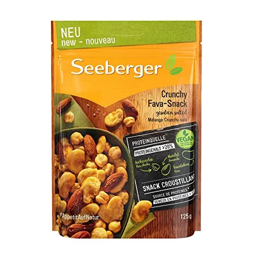 Seeberger Crunchy Fava-Snack 125g - Knusprige Kichererbsen, geröstete Mandeln und knackige Favabohnen vereinen sich zu einem köstlichen Snack. Ideal für gesellige Abende, vegan und ohne Zusatzstoffe – genießen Sie natürlichen Knabberspaß!