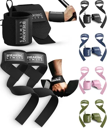 Handgelenk Bandagen Gym + Zughilfen Krafttraining (2er Set) – Lifting Straps & Wrist Wraps – Zughilfe & Griffhilfen für Bodybuilding & Kraftsport – Fitness Zubehör für Frauen & Herren