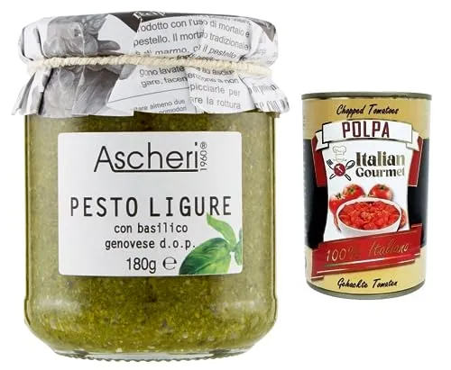 Ascheri 1960 Pesto Ligure con Basilico Genovese,Pesto Sauce mit Genuesischem Basilikum d.o.p. Glas 180g + Italian Gourmet Polpa di Pomodoro 400g Dose