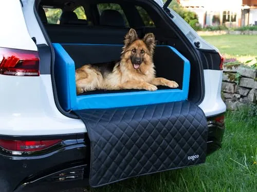Hundebox Auto Kofferraumschutz mit Ladekantenschutz und Tasche - 70x55x38cm Blau/Grau - Schütze deinen Kofferraum mit dieser herausnehmbaren Hundebox! Ideal für saubere Transporte, bietet sie Komfort durch ein 5 cm starkes Kaltschaumpolster und ist einfach zu reinigen.