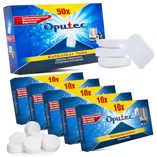 Oputec Reinigungsset für Kaffeevollautomaten | 50 Entkalker- und Reinigungstabs - 2-in-1 Reinigungsset mit 50 Entkalker- und 50 Reinigungstabs für eine gründliche Pflege Ihrer Kaffeemaschine. Universell einsetzbar und einfach in der Anwendung – für langanhaltenden Kaffeegenuss!