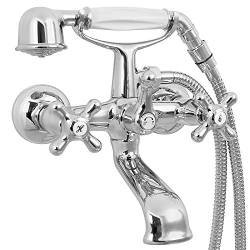 Welfenstein Nostalgie Wannenarmatur WA-T4 Retro Zweigriffmischer Kreuzgriff Messing, verchromt Wandmontage Badewannenarmatur