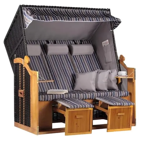 MR. DEKO® Strandkorb Ostsee XXL | Volllieger Strandstuhl Liegestuhl | Dreisitzer PE Geflecht Schwarz inkl. 6 Kissen | Strandkörbe aus Hartholz, Garten, Wintergarten und Terrasse