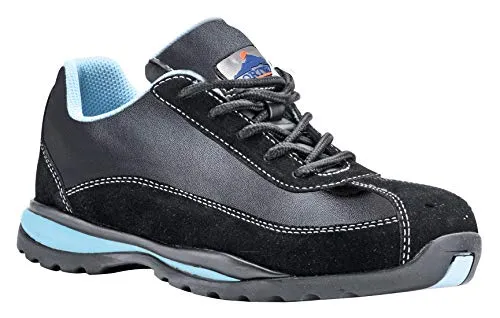 Portwest Damensicherheitsschuhe FW39 S1P HRO mit Stahlkappe - Sportliche Sicherheitsschuhe in blau/schwarz, mit atmungsaktivem Wildleder und rutschfester Sohle. Ideal für Handwerk und Industrie, bietet Schutz und Komfort im Arbeitsalltag.