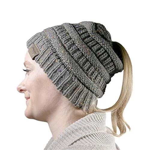 cosey - Strick Wintermütze – Pferdeschwanz-Mütze mit Zopfloch für Damen und Mädchen - Gesprenkelt Grau