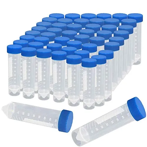 BITEFU 50pcs 50ml Reagenzglas Kunststoff Zentrifugenröhrchen, mit Schraubverschluss und Abgestuften Probenbehälter für Labor Chemie Experimente,Konische + Flachboden (50ml)