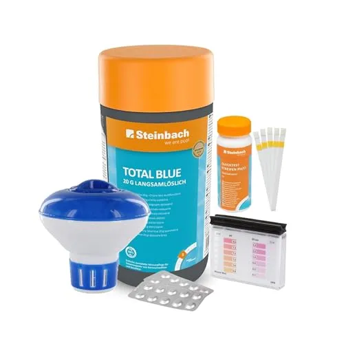 Steinbach Poolpflege Total Blue Starter-Set - Chlor-Set zur effektiven Poolpflege mit 50 Teststreifen für pH- und Chlorwertkontrolle, inklusive Dosierschwimmer für präzise Chemiedosierung und langanhaltende Wasserdesinfektion.