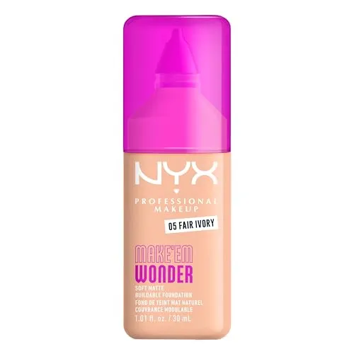 NYX Professional Makeup Make 'EM Wonder Foundation, 24H Soft Matte Aufbaubare Foundation, Mit hoher Deckkraft, Mattes Finish, 05 Fair Ivory