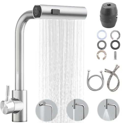 BAIFULAI Wasserhahn Küche Ausziehbar, Küchenarmatur mit Brause Ausziehba, Einhebel Ausziehbarer Spültischarmatur mit Brause 3 Modus, 1 Loch 360° Schwenken, Hochdruck Wasserfall, Gebürstet