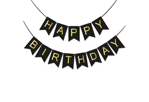 BRUBAKER Wimpelkette Happy Birthday - Geburtstag Girlande Schwarz Gold - Party Banner 5 m, Geburtstagsdeko für Erwachsene und Kinder - Geburtstagsdekoration