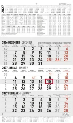 3-Monatskalender groß 2027: Wandkalender 30x49 cm mit 3 Monaten pro Blatt, Datumschieber, Wochenzählung, Feiertagen & Ferien ideal für Büro & Homeoffice