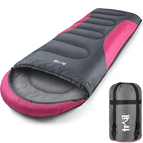 Trail-Alpin-Schlafsack mit Kapuze – 250 g Schlafsack, 3-Jahreszeiten- Schlafsack. Leicht, kleines Packmaß – mit Kapuze und Kompressionssack (Pink)