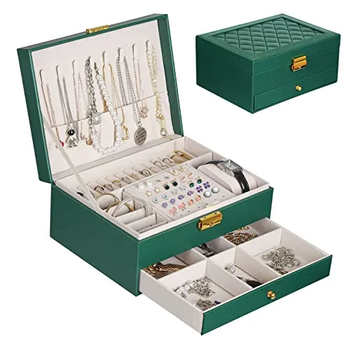 YOCOLE Schmuckkästchen, 2 Ebenen Schmuckaufbewahrung Schmuckschatulle Reise PU-Leder, Schmuck Organizers Damen Mädchen für Ringe, Ohrringe, Halsketten und Uhren, mit Schloss und Schlüssel, Dunkelgrün