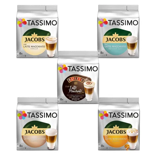 TASSIMO Kaffee Kapseln Latte Macchiato Vielfaltspaket 40 Getränke - Entdecken Sie das TASSIMO Latte Macchiato Vielfaltspaket mit 5 köstlichen Sorten. Perfekt für die TASSIMO Maschine, genießen Sie cremigen Kaffeegenuss in praktischen Kapseln.